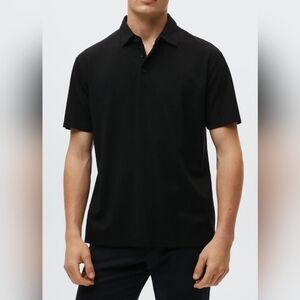 MANGO Cotton Pique Men's Polo Shirt Short Sleeve Buttons Black Size L NWOT